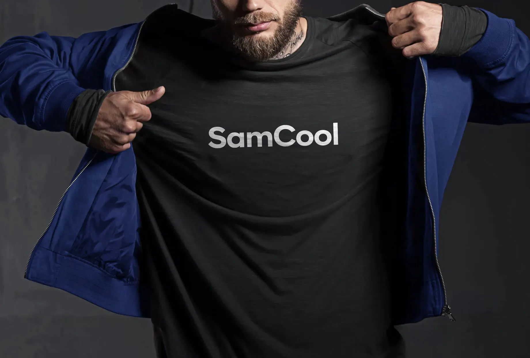 SamCool wordmark on a black T-shirt